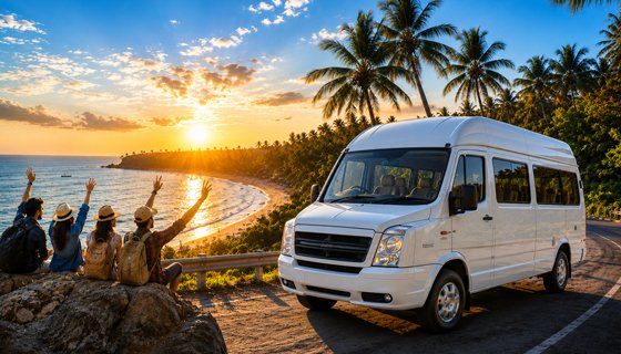 Tropical sunset with joyful travelers
